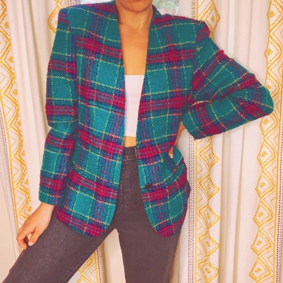 Vintage Jackets & Blazers - ❌SOLD❌ VTG 80s Colorful Plaid Wool Blazer size Small